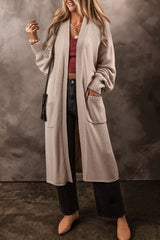 Beige Side Pockets Open Front Long Knitted Cardigan Beige 60%Acrylic+40%Polyamide Cardigans JT's Designer Fashion