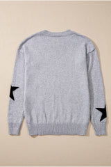 Gray Star Pattern Drop Shoulder Sweater Sweaters JT's Designer Fashion