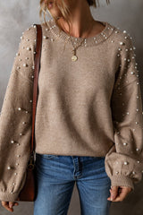 Smoke Gray Pearled Drop Shoulder Round Neck Sweater Sweaters JT's Designer Fashion