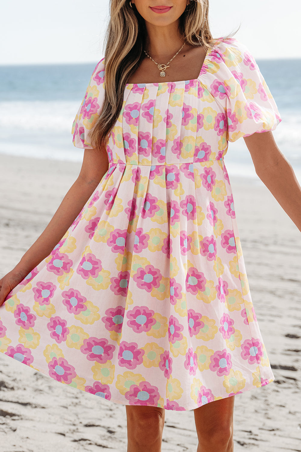 Rose Vibrant Floral Square Neck Puff Sleeve Pleated Flared Midi Dress Floral Dresses JT's Designer Fashion