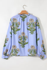 Sky Blue Floral Print Button Tie Neck Long Puff Sleeve Blouse Blouses & Shirts JT's Designer Fashion