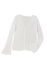 White Lightweight V Neck Button Front Bell Sleeve Cardigan Sweater Cardigans JT's Designer Fashion