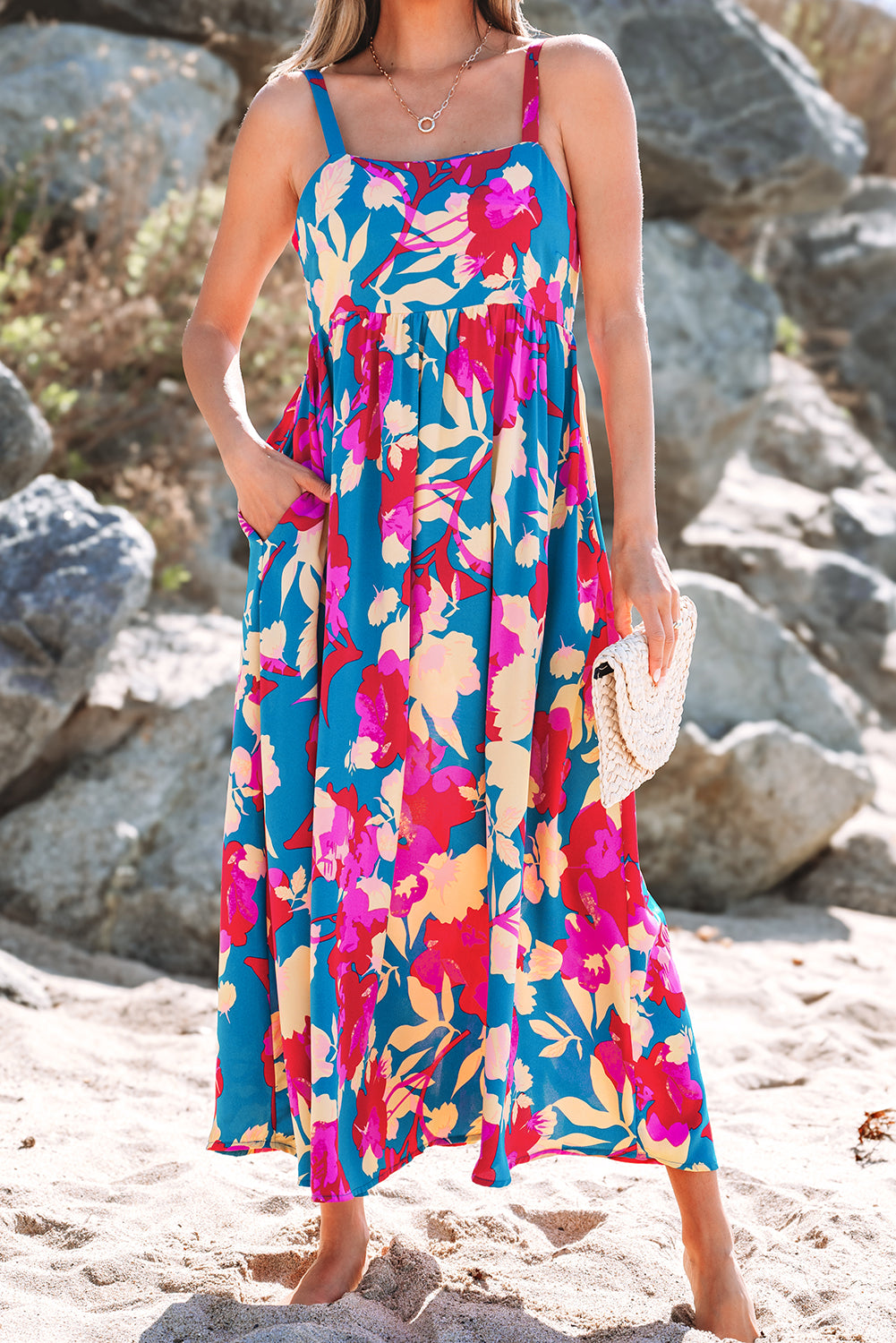 Dark Blue Floral High Waist Sleeveless Flared Long Dress Floral Dresses JT's Designer Fashion