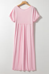 Pink V Neck Hidden Pocket Splits Maxi T-shirt Dress T Shirt Dresses JT's Designer Fashion