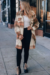 Brown Plaid Print Flap Pockets Long Shacket Plaid Shackets JT's Designer Fashion