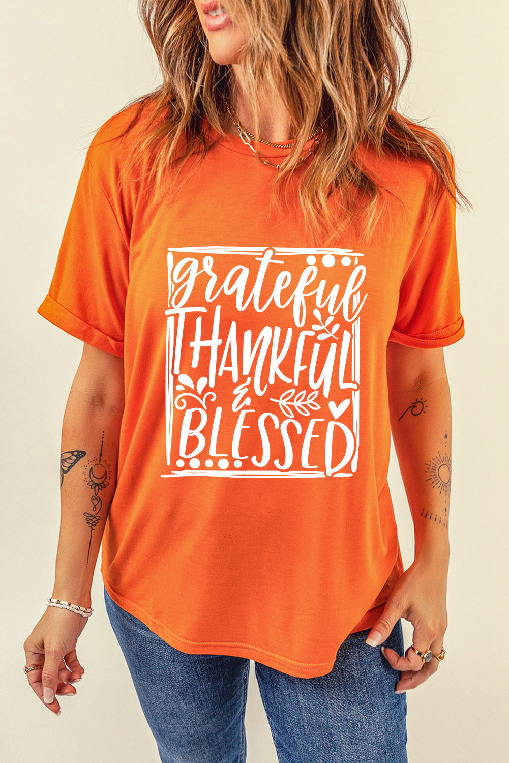 Orange Grateful Thankful Blessed Printed Thanksgiving T Shirt Graphic Tees JT's Designer Fashion