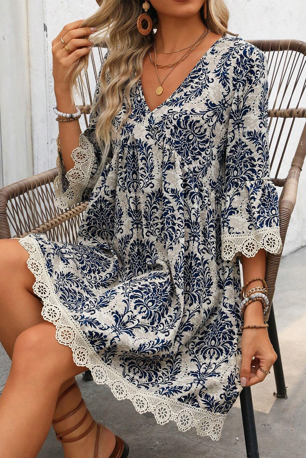 Sky Blue Vintage Printed Lace Trim V Neck 3/4 Sleeve Loose Dress Mini Dresses JT's Designer Fashion
