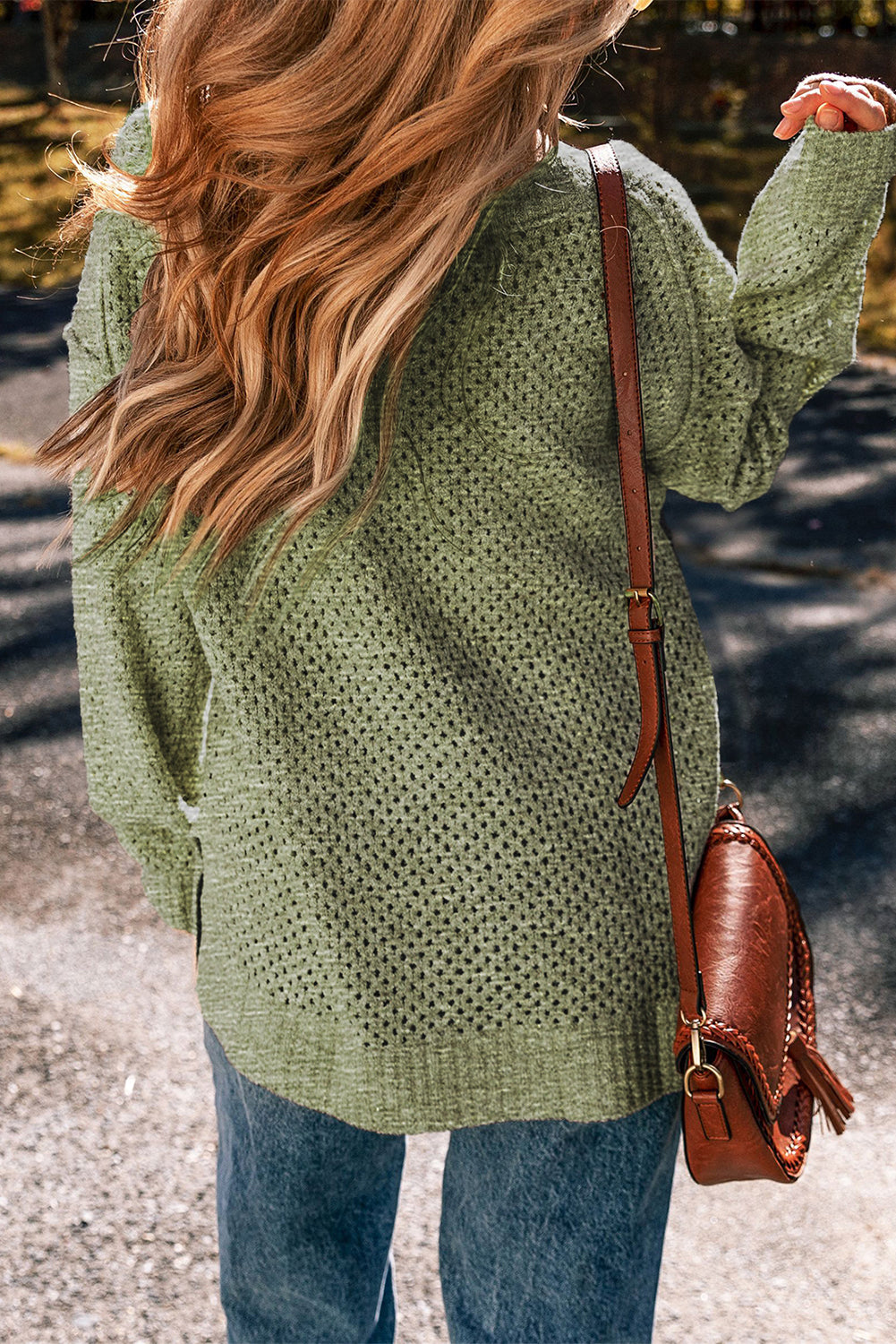 Jungle Green Loose Eyelet V Neck Drop Shoulder Sweater Sweaters JT's Designer Fashion