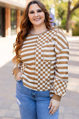 Khaki Striped Checkered Mixed Print Chest Pocket Casual Plus Size Top Plus Size Long Sleeve Tops JT's Designer Fashion