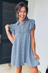 Beau Blue Flutter Sleeve Shirred Detail Button Up Denim Mini Dress Mini Dresses JT's Designer Fashion