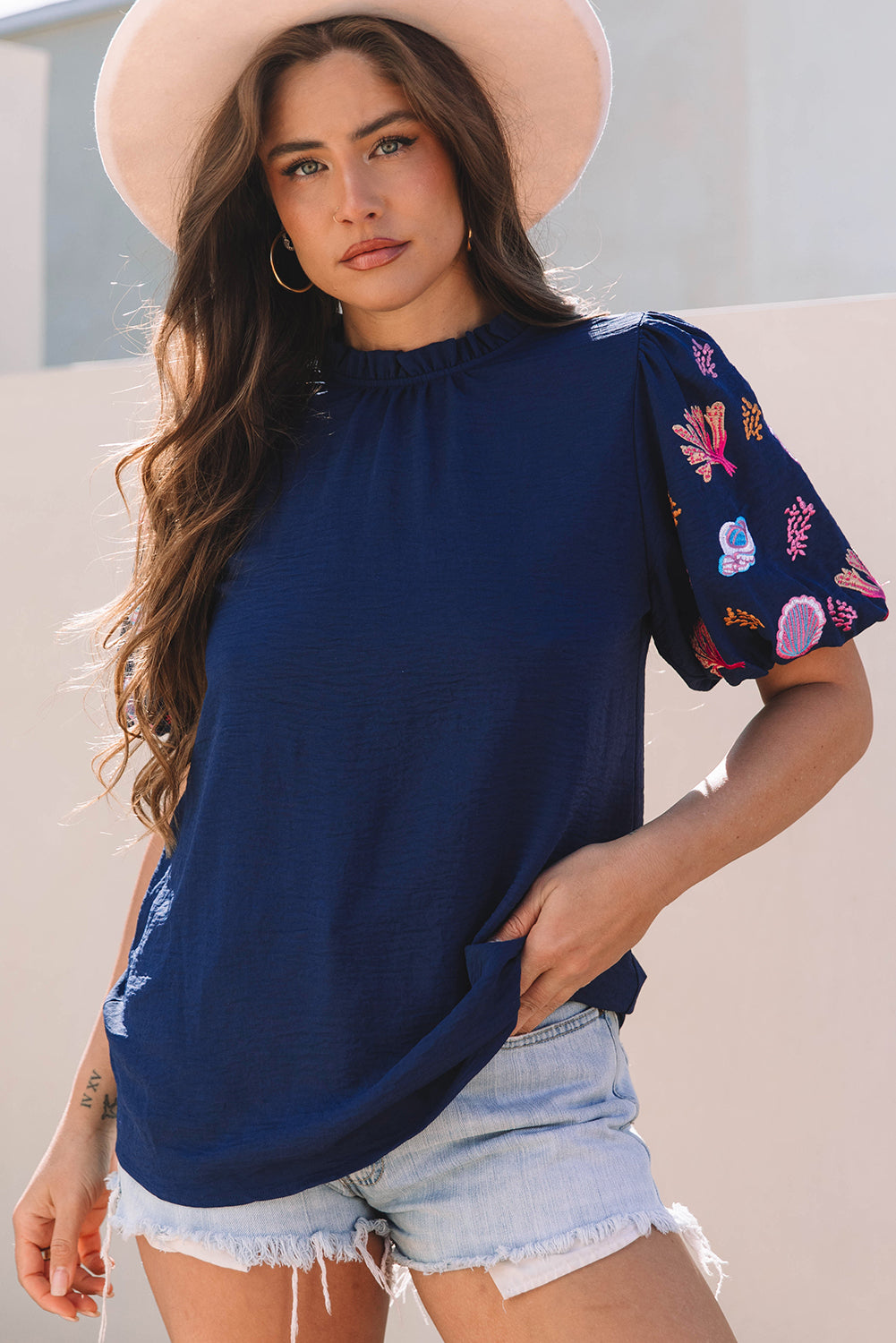 Sail Blue Shellfish Coral Embroidery Puff Sleeve Frilled Neck Blouse Sail Blue 100%Polyester Blouses & Shirts JT's Designer Fashion