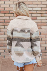 Khaki Western Aztec Print Sherpa Splicing Buttoned Flap Pocket Coat Jackets JT's Designer Fashion