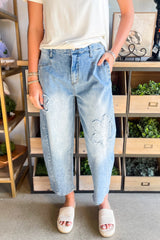 Beau Blue Flower Patched Light Wash Cropped High Waist Jeans Beau Blue 72%Cotton+26%Polyester+2%Elastane Jeans JT's Designer Fashion