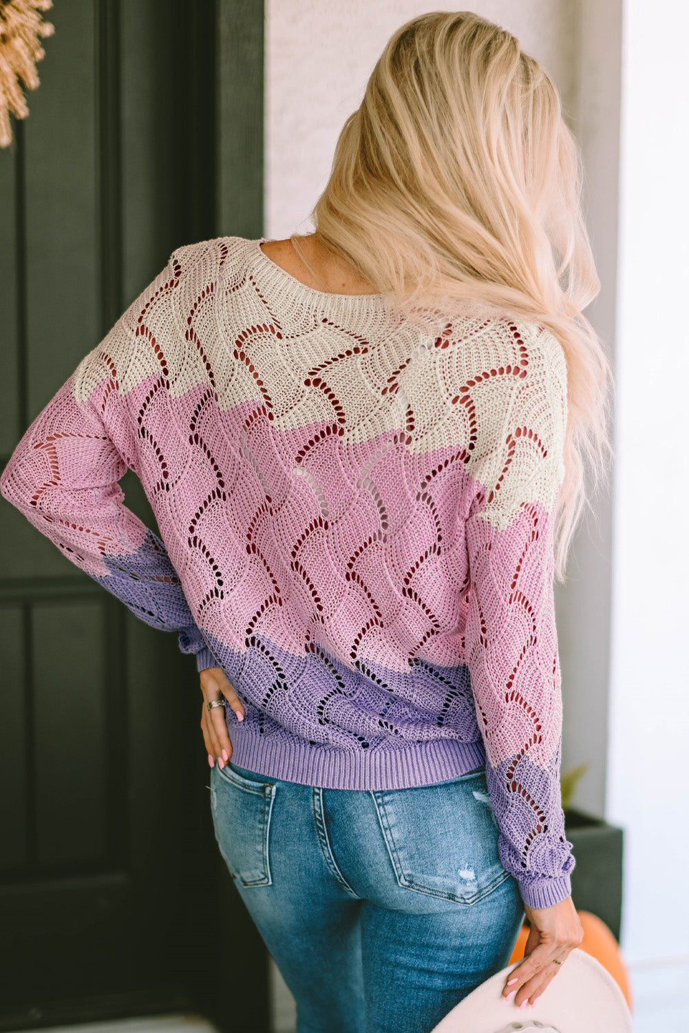 Pink Color Block Hollow Knitted Loose Sweater Sweaters JT's Designer Fashion