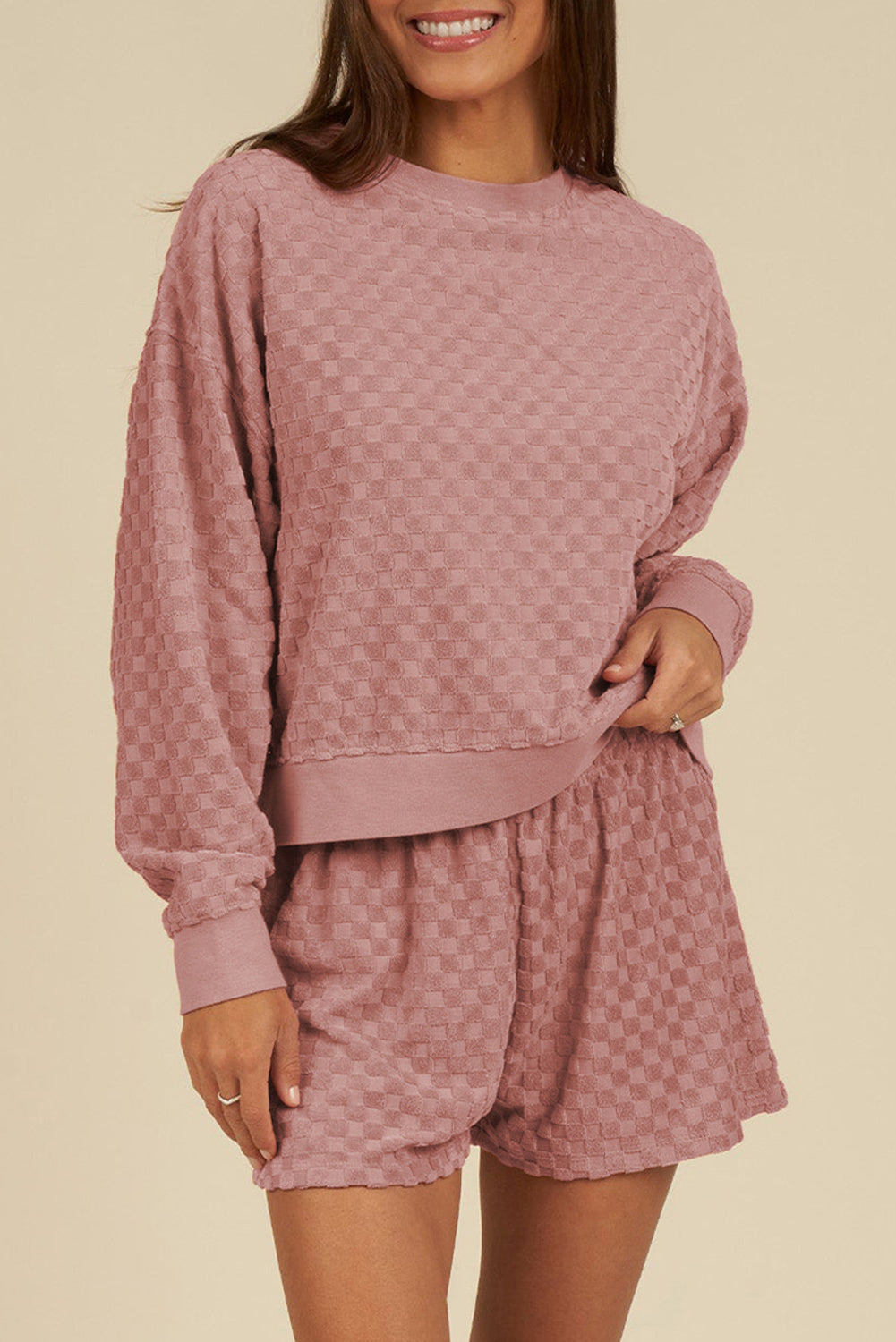 Blossom Checkered Textured Long Sleeve Top and Shorts Set Blossom 95%Polyester+5%Elastane Short Sets JT's Designer Fashion
