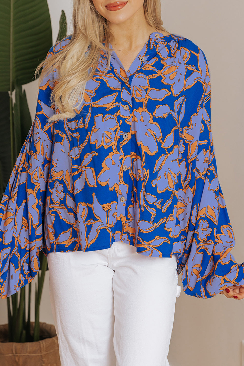 Blue Floral Print Batwing Sleeve Buttoned Loose Fit Shirt Blouses & Shirts JT's Designer Fashion
