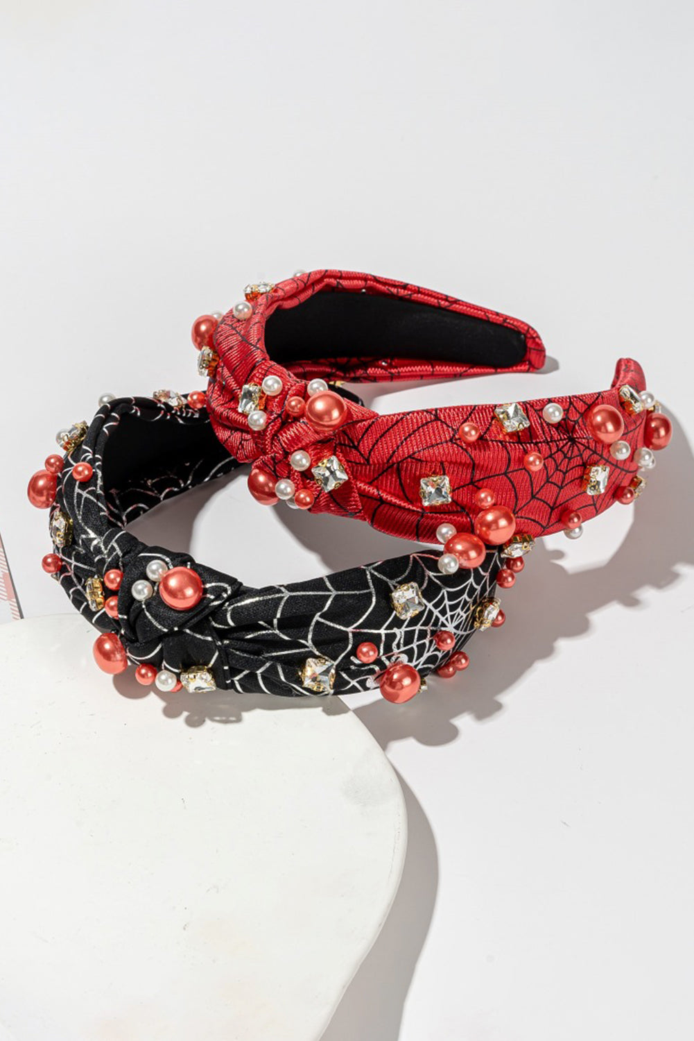 Black Pearled Rhinestone Knotted Spiderweb Halloween Headband Headwear JT's Designer Fashion