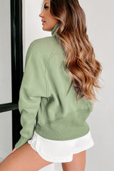 Smoke Green Fleece Lined Zip Up Stand Collar Thumbhole Sleeve Sweatshirt Sweatshirts & Hoodies JT's Designer Fashion