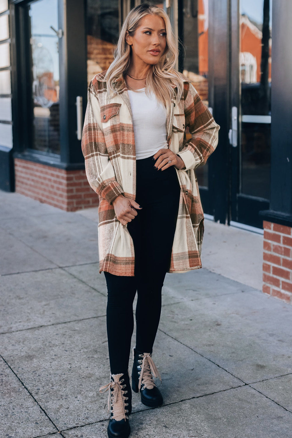 Brown Plaid Print Flap Pockets Long Shacket Plaid Shackets JT's Designer Fashion
