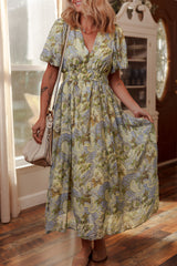 Multicolour Vintage Floral V Neck Short Puff Sleeve Long Dress Dresses JT's Designer Fashion