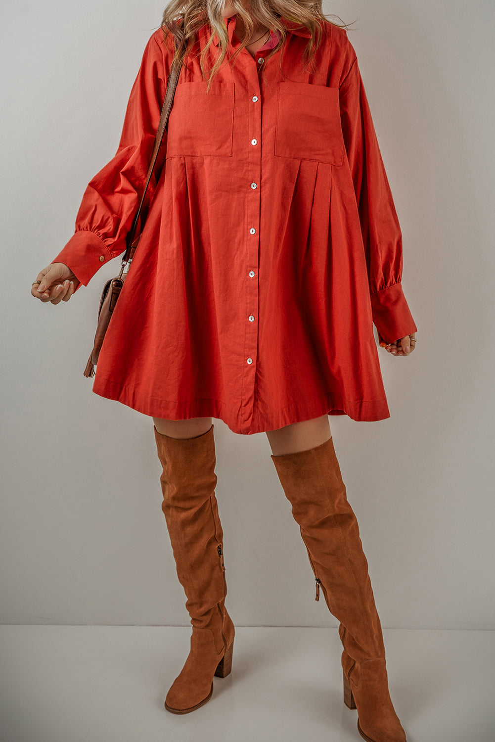 Tomato Red Bishop Sleeve Button Up Pleated Mini Shirt Dress Mini Dresses JT's Designer Fashion