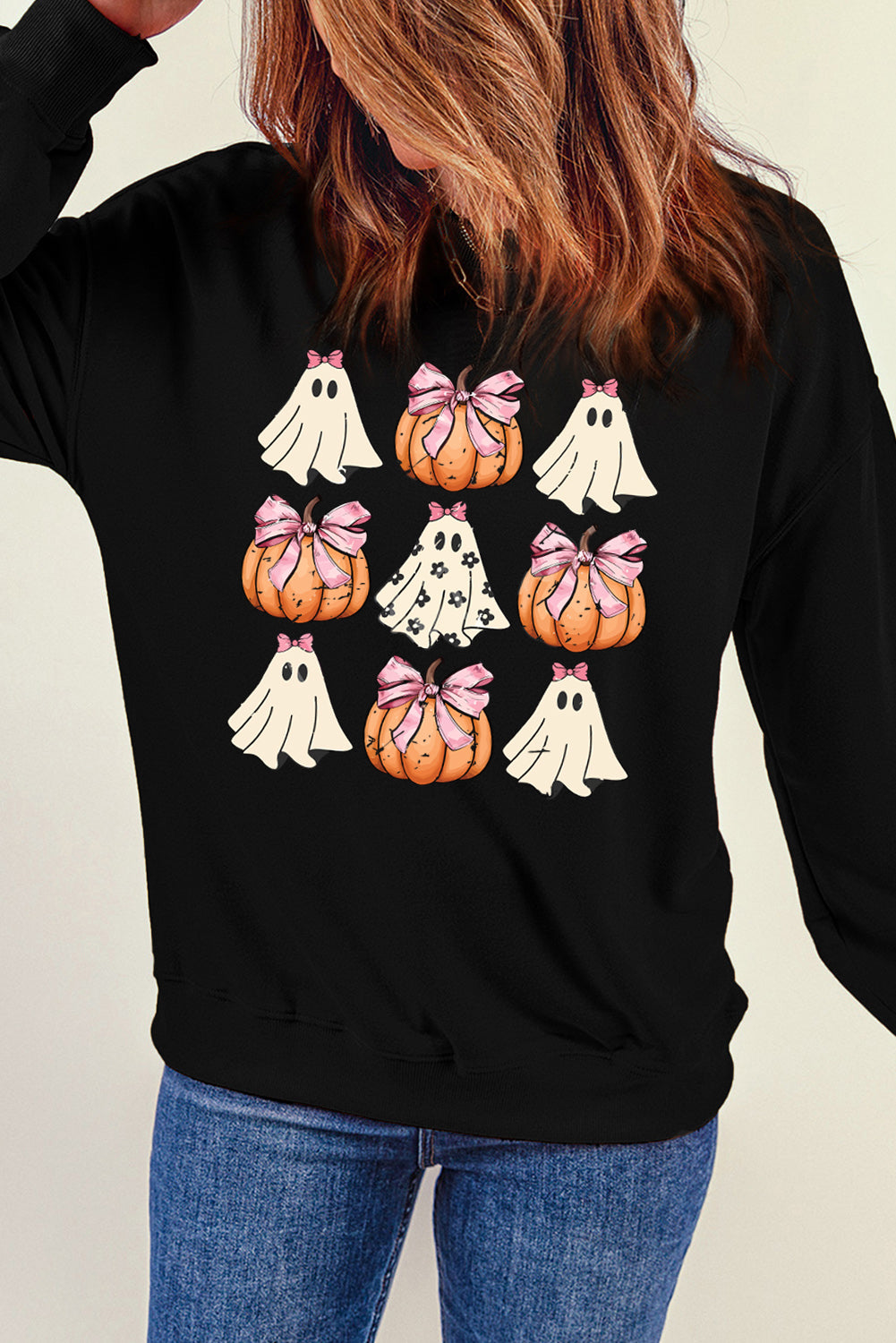 Black Halloween Bowknot Ghost Pumpkin Graphic Crewneck Sweatshirt Graphic Sweatshirts JT's Designer Fashion