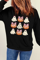 Black Halloween Bowknot Ghost Pumpkin Graphic Crewneck Sweatshirt Graphic Sweatshirts JT's Designer Fashion
