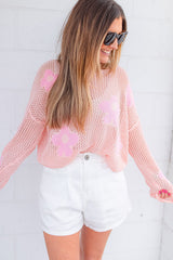Light Pink Big Flower Hollowed Knit Drop Shoulder Sweater Sweaters & Cardigans JT's Designer Fashion