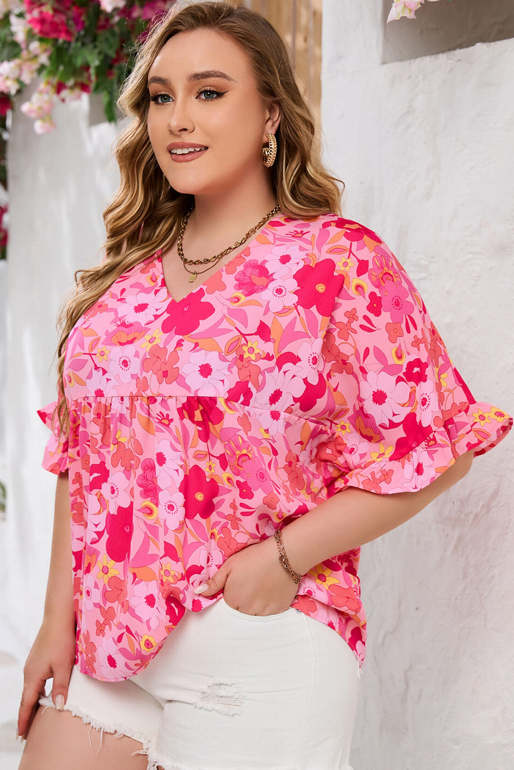 Rose Floral Print Ruffled Half Sleeve V Neck Babydoll Blouse Plus Size JT's Designer Fashion