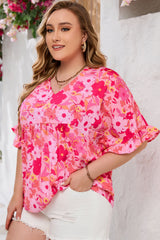 Rose Floral Print Ruffled Half Sleeve V Neck Babydoll Blouse Plus Size JT's Designer Fashion