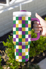 Tillandsia Purple Checkered Print Handle Large Vacuum Cup 40OZ Tumblers JT's Designer Fashion