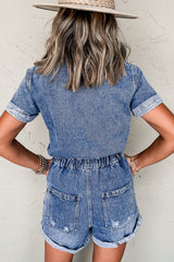 Dusk Blue Chest Pocket Front Buttoned Folded Edge Denim Short Sleeve Romper Jumpsuits & Rompers JT's Designer Fashion