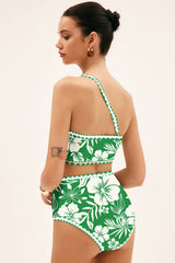 Green Floral Print One Shoulder High Waist Bikini Set Bikinis JT's Designer Fashion