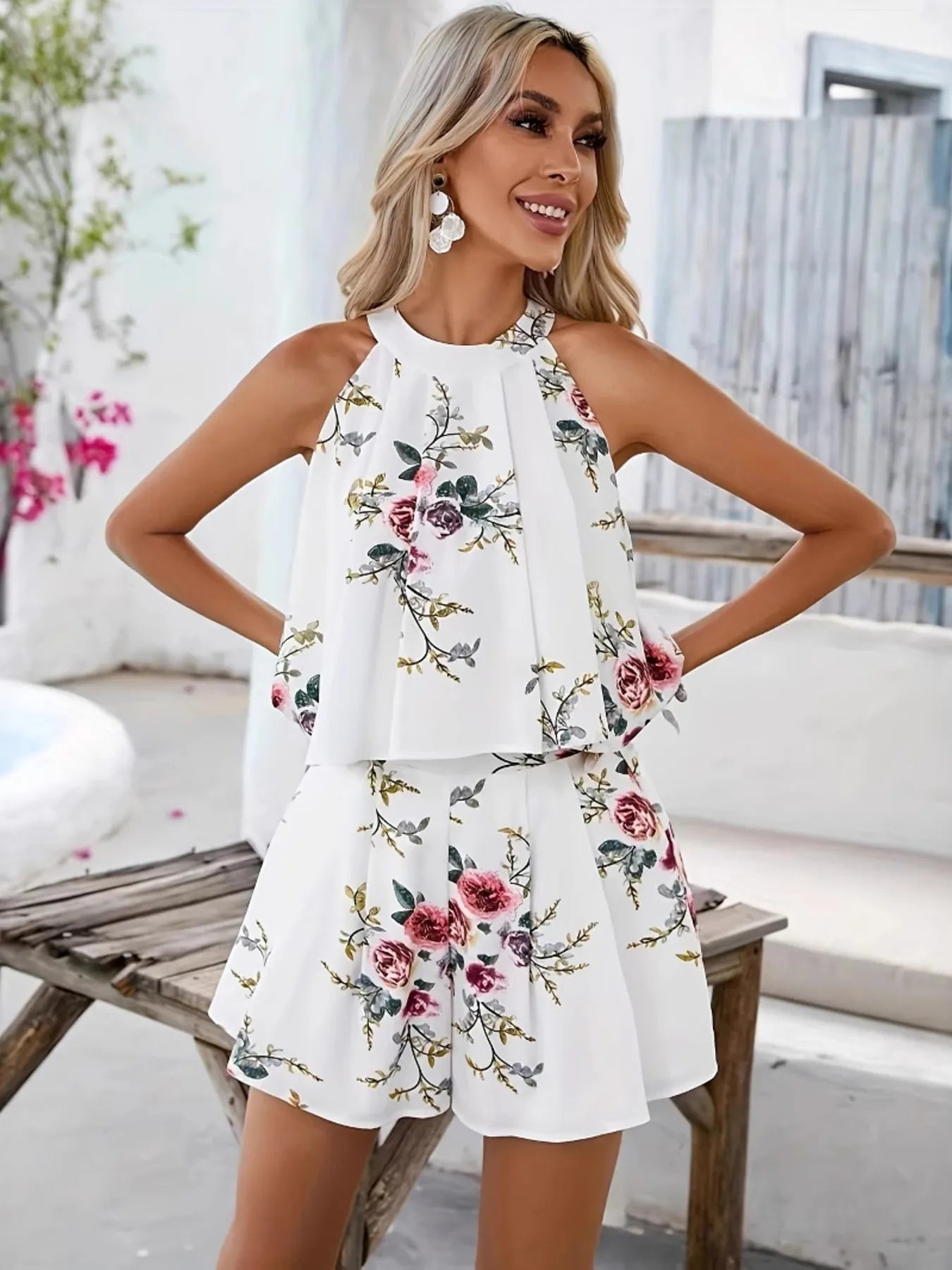 Floral Print Halter Neck Top and Shorts Two-Piece Summer Set Short Sets JT's Designer Fashion