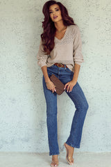 Brown Eyelet Pattern Detail V Neck Drop Shoulder Sweater Sweaters JT's Designer Fashion