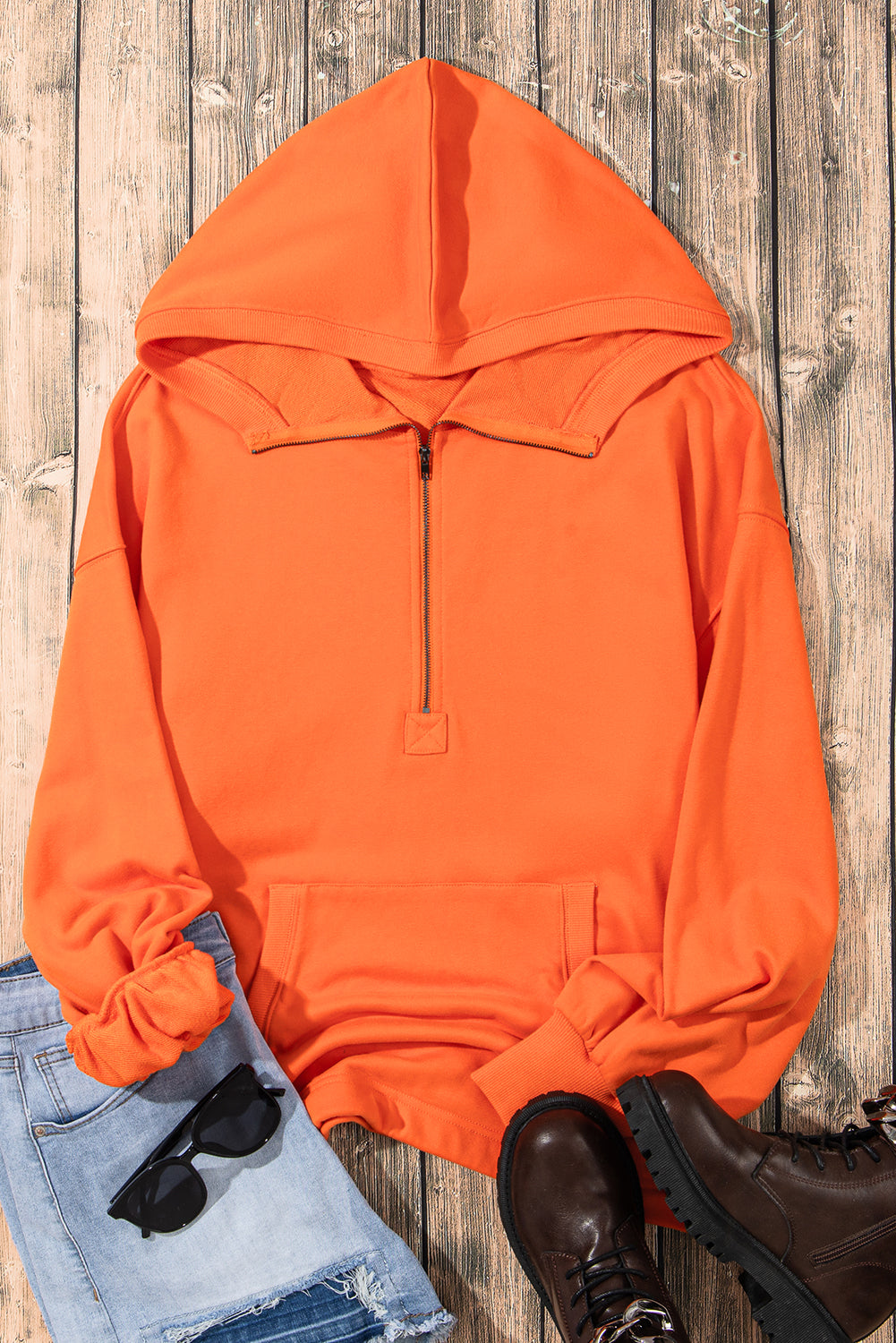 Orange Solid Kangaroo Pocket Half Zipper Oversized Hoodie Sweatshirts & Hoodies JT's Designer Fashion
