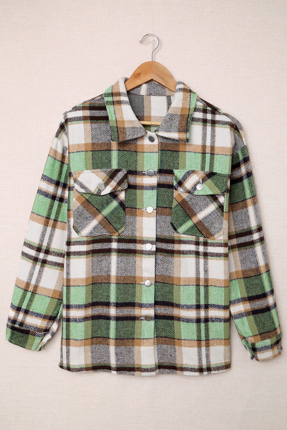 Green Geometric Plaid Print Pocketed Shacket Plaid Shackets JT's Designer Fashion