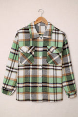 Green Geometric Plaid Print Pocketed Shacket Plaid Shackets JT's Designer Fashion