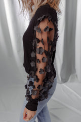 Black Flower Applique Mesh Long Sleeve V Neck Blouse Blouses & Shirts JT's Designer Fashion