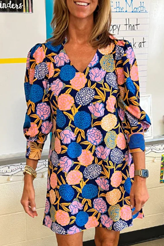 Navy Blue Hydrangea Floral Print Bishop Sleeve V Neck Shift Dress Navy Blue 100%Polyester Floral Dresses JT's Designer Fashion