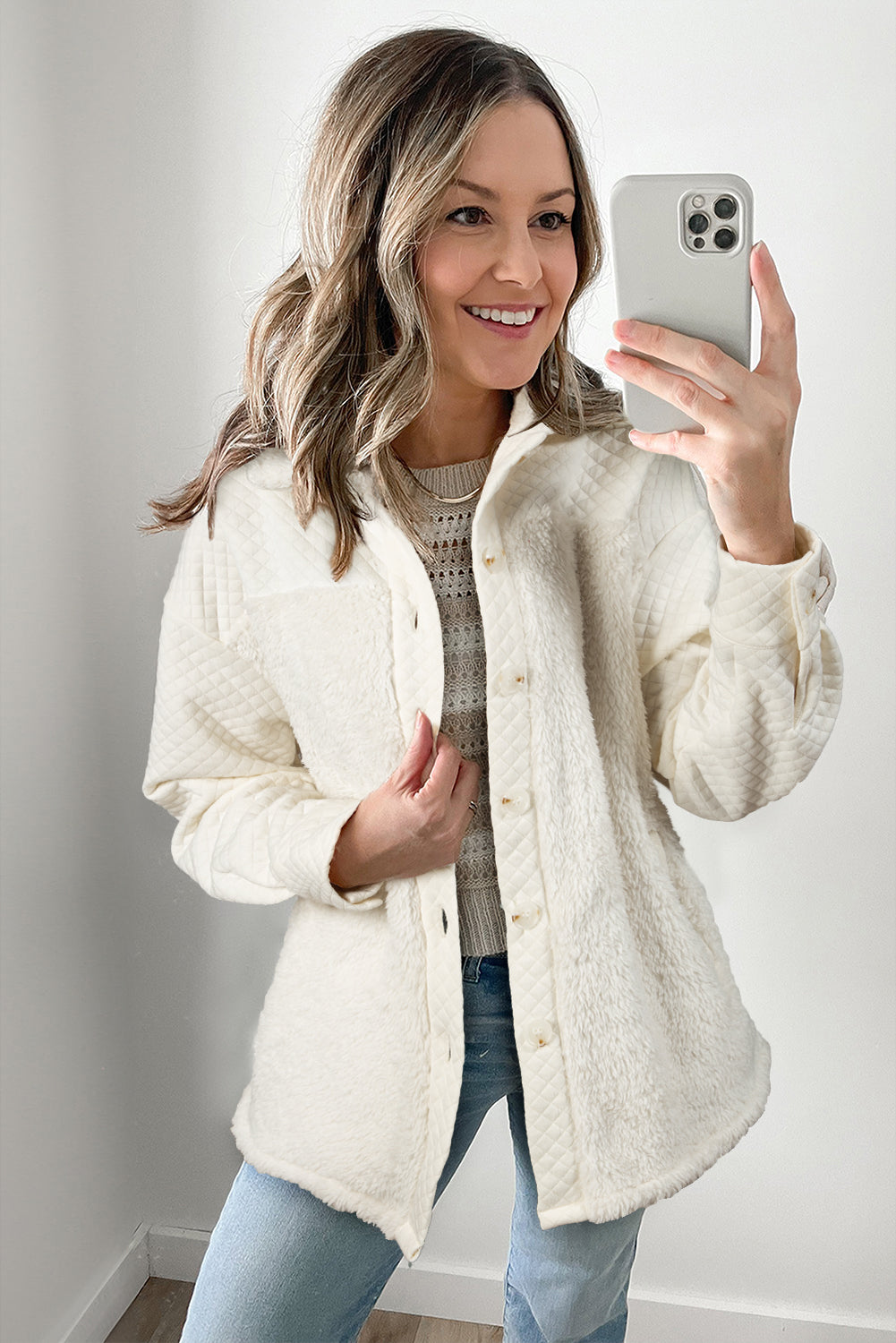 White Solid Color Quilted Sherpa Patchwork Button Up Shacket Jackets JT's Designer Fashion