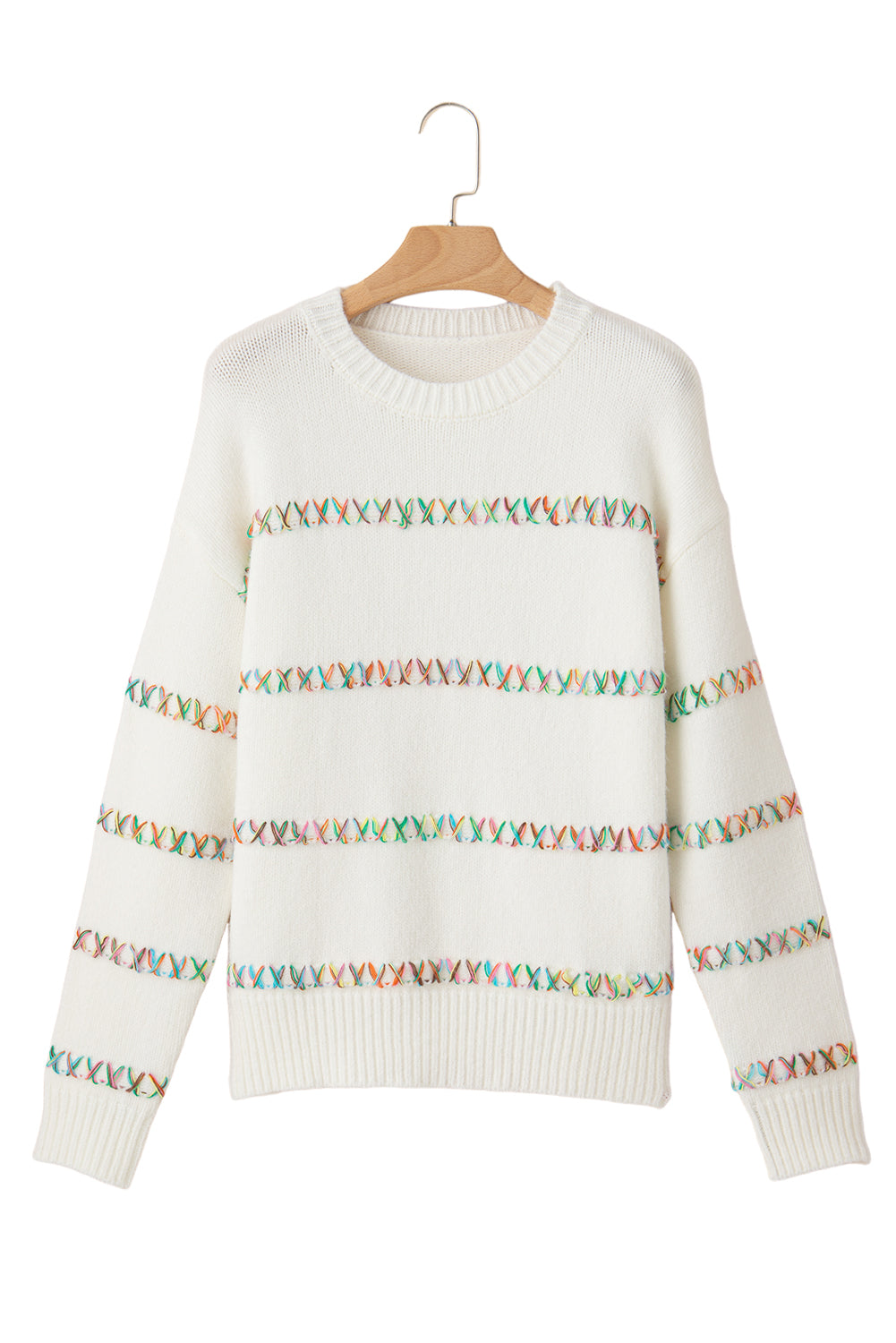 White Colorful Crossed Stitch Drop Shoulder Sweater Sweaters JT's Designer Fashion