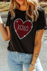 Black Rhinestone XOXO Heart Graphic Crewneck Tee Graphic Tees JT's Designer Fashion