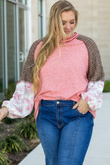 Pink Checkered Paisley Patchwork Raglan Sleeve Seamed Plus Size Top Plus Size Long Sleeve Tops JT's Designer Fashion