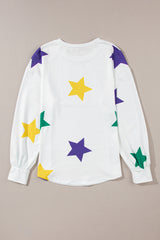 White Mardi Gras Star Printed Long Sleeve Top Long Sleeve Tops JT's Designer Fashion