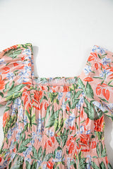 Apricot Pink Floral Smocked Bust Bubble Short Sleeve Long Dress Maxi Dresses JT's Designer Fashion
