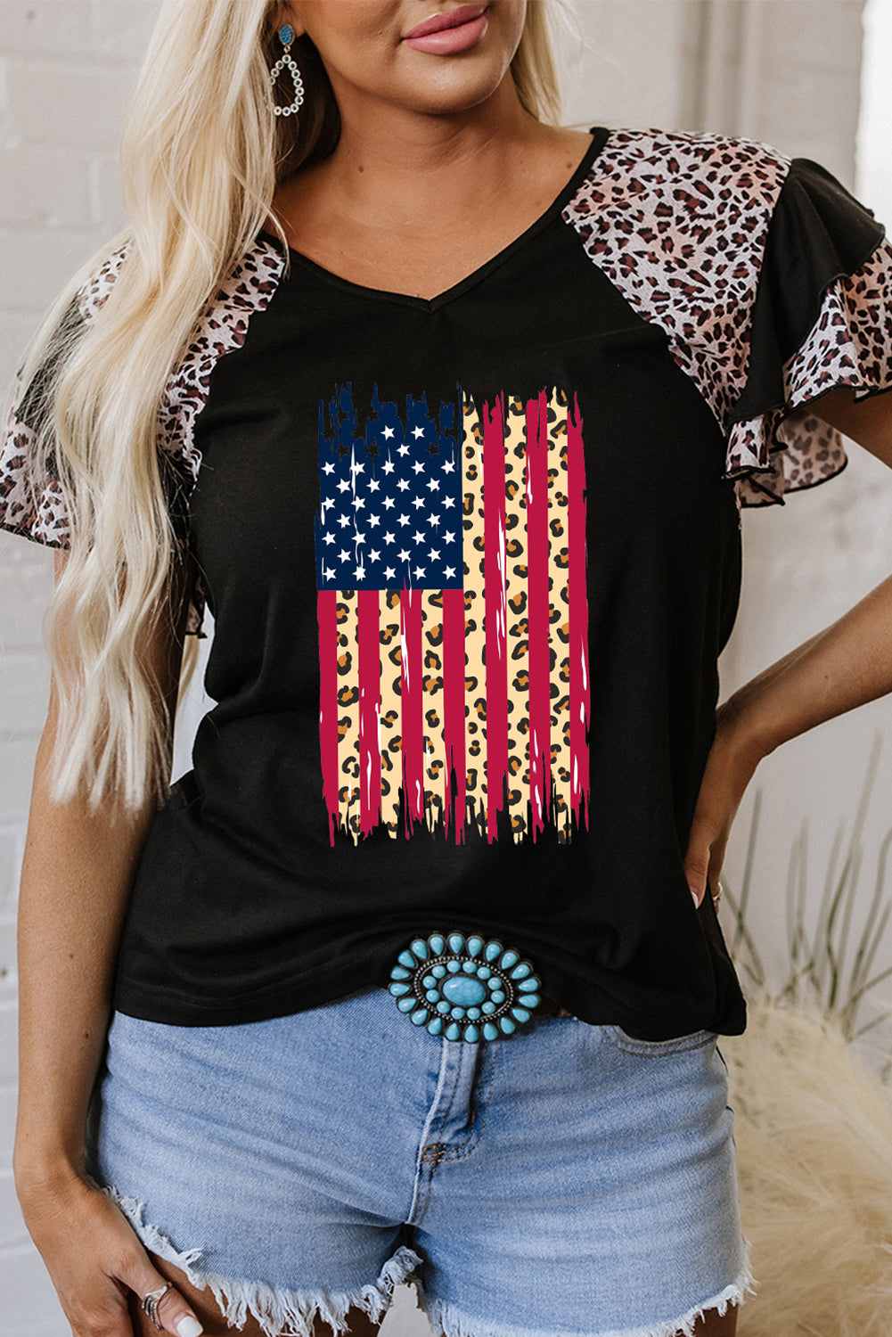 Black Leopard Patchwork Frayed USA Flag Print Ruffle Short Sleeve V Neck Tee Graphic Tees JT's Designer Fashion