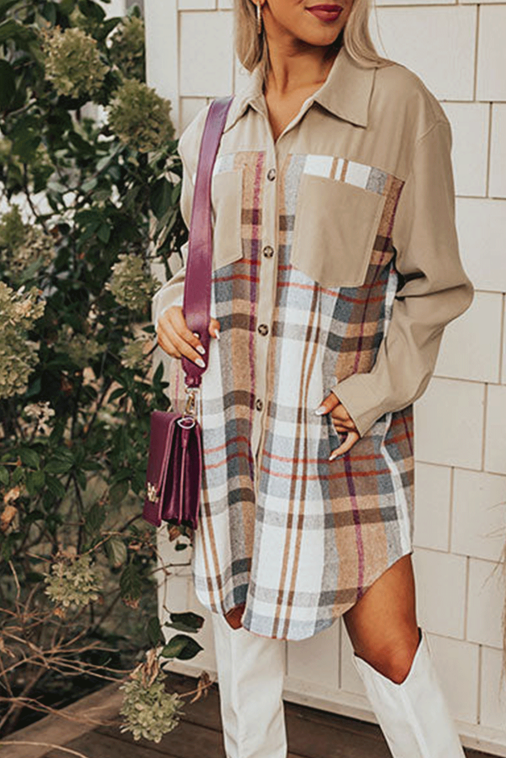 Khaki Plaid Patchwork Long Sleeve Shirt Mini Dress Mini Dresses JT's Designer Fashion