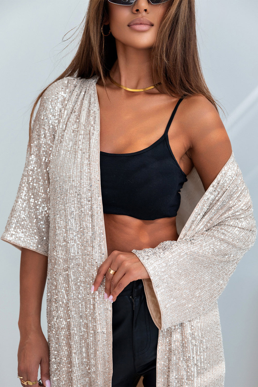 Apricot Sequin 3/4 Sleeve Open Front Duster Kimono Kimonos JT's Designer Fashion