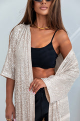 Apricot Sequin 3/4 Sleeve Open Front Duster Kimono Kimonos JT's Designer Fashion